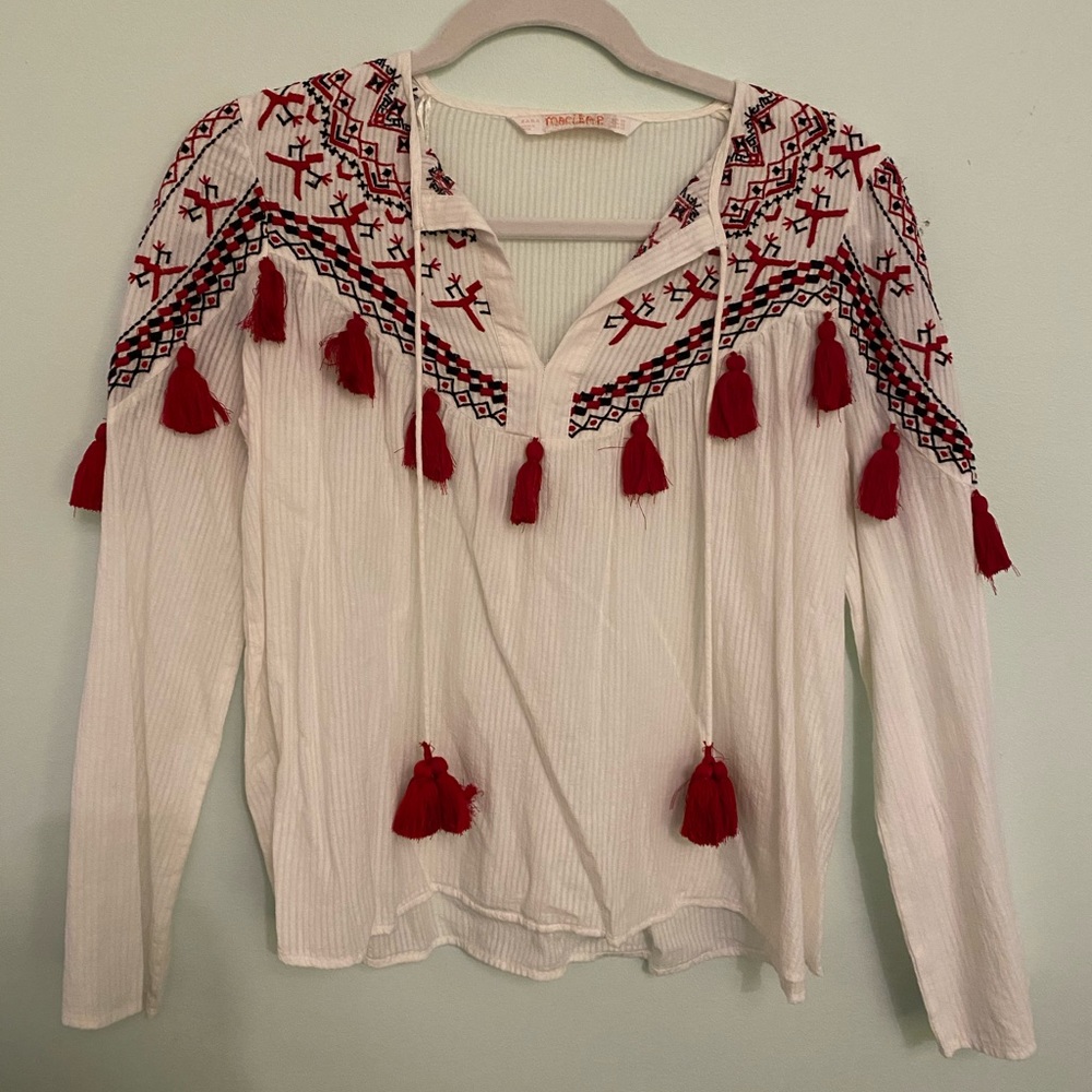 Zara White top with Red Embroider and Pom Poms